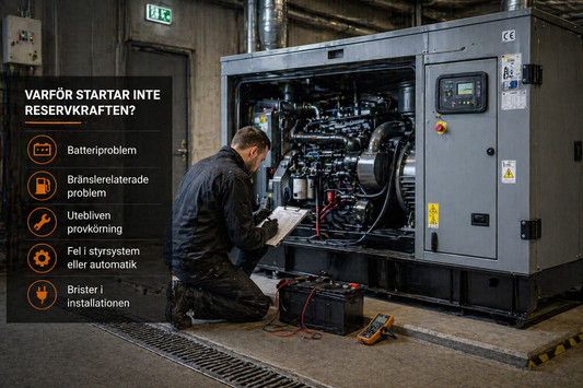 Reservkraftaggregat i industrimiljö där tekniker felsöker startproblem, med fokus på batteri, bränsle och styrsystem för att säkerställa drift vid strömavbrott